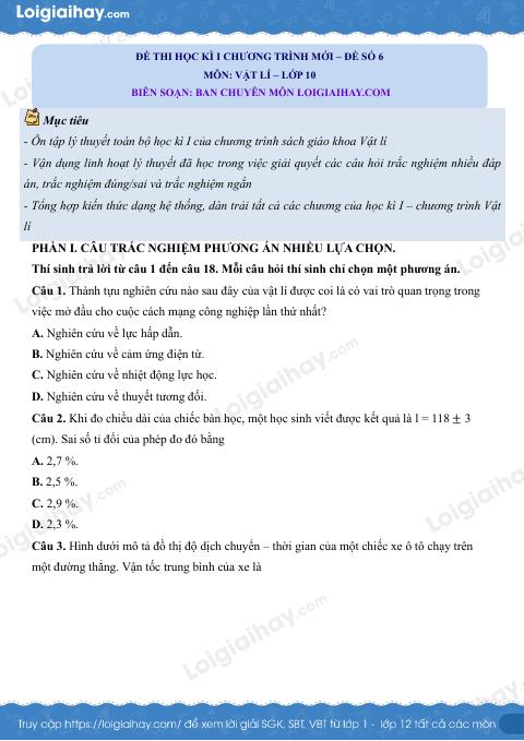Đề thi học kì 1 Vật lí 10 Chân trời sáng tạo - Đề số 6